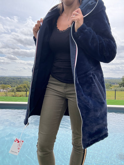 New Lolo - Manteau long bleu marine réversible imperméable fourré fausse fourrure - Curvy