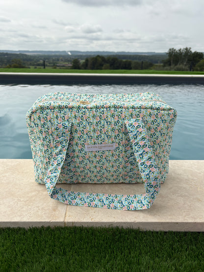 Sac week-end polochon en coton matelassé liberty fleuri bleu turquoise et touches orange