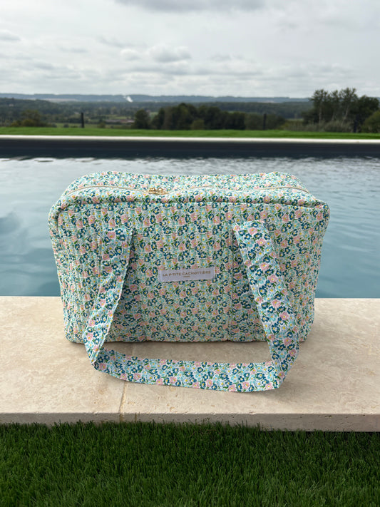 Sac week-end polochon en coton matelassé liberty fleuri bleu turquoise et touches orange