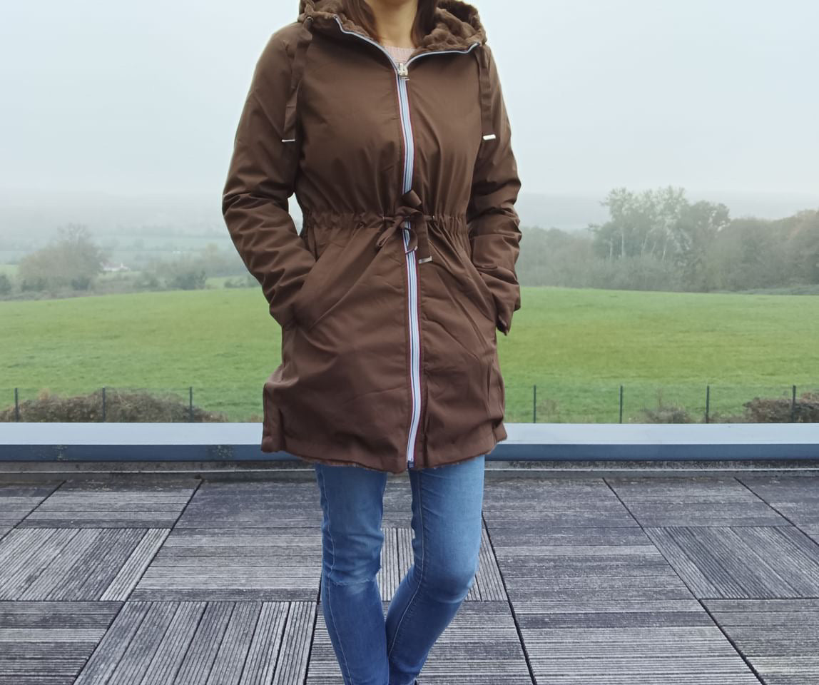 New Lolo - Manteau long MARRON réversible, imperméable et complètement fourré resserrable à la taille