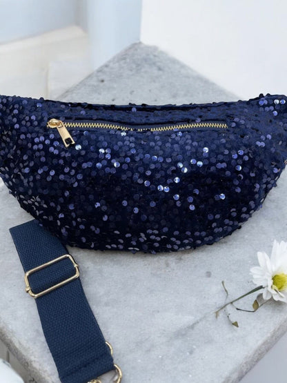Sac banane bleu marine à paillettes avec fermeture éclair dorée et bandoulière réglable en bandoulière noir.