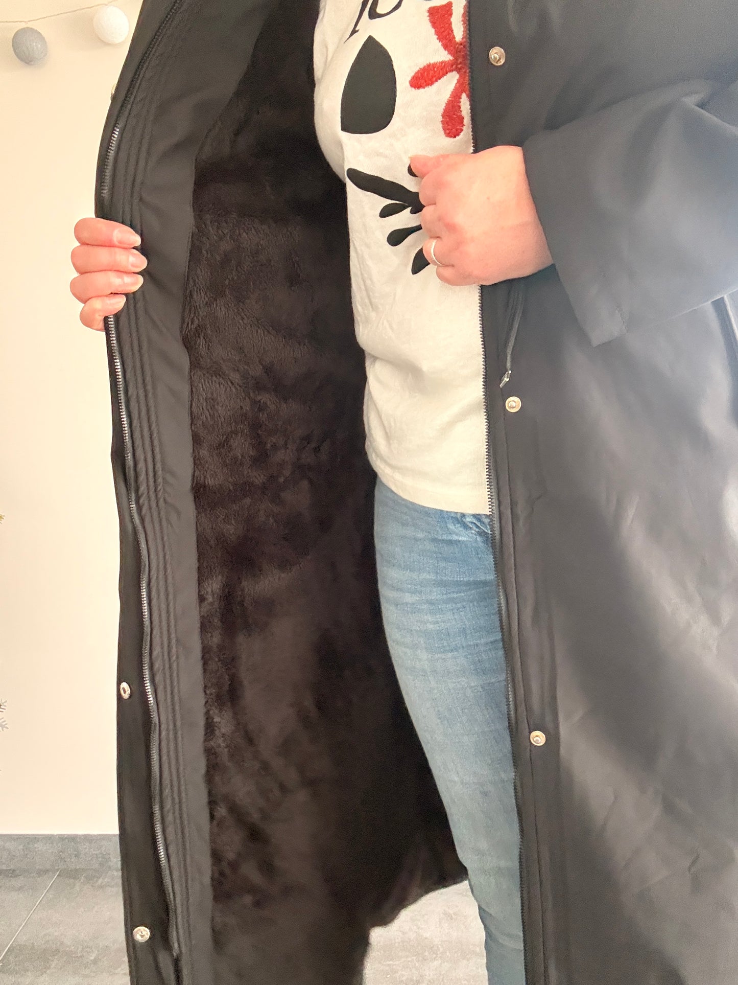 Manteau long imperméable fourré type trench ciré hauteur genoux noir - Curvy