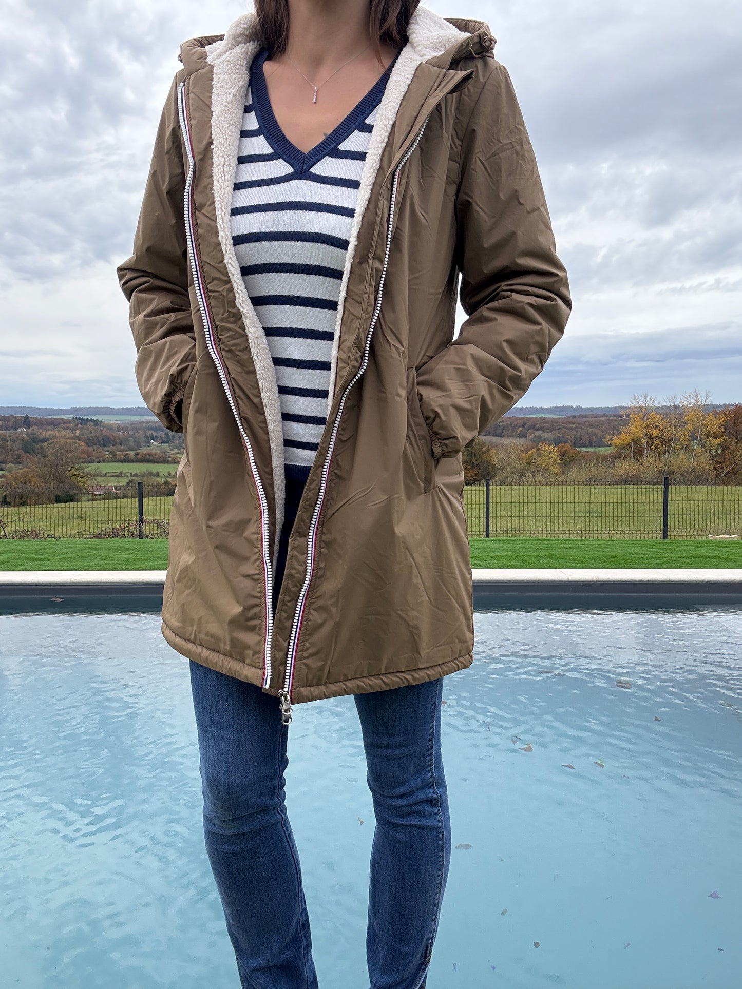 Laura Jo - Imperméable fourré long fausse fourrure camel intérieur sherpa beige