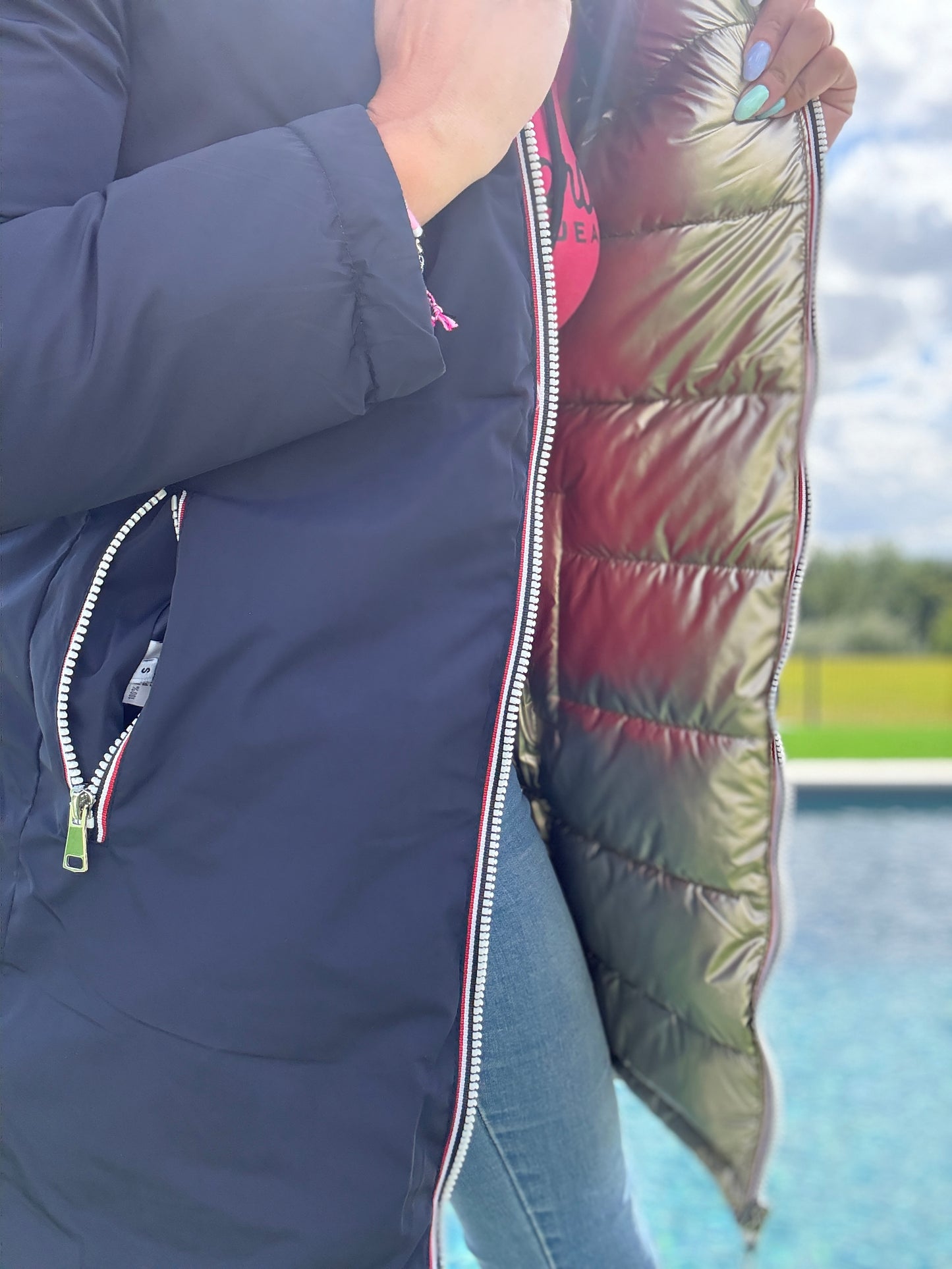 Melya Melody - Manteau long réversible et imperméable matelassé bleu marine doré