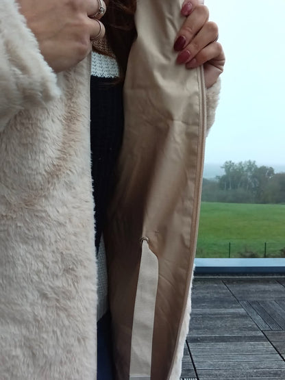 New Lolo - Manteau long BEIGE zip uni réversible, imperméable et complètement fourré resserrable à la taille