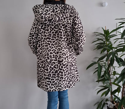 Attrait Paris - Manteau long sans ouate imperméable noir réversible avec motif léopard avec capuche