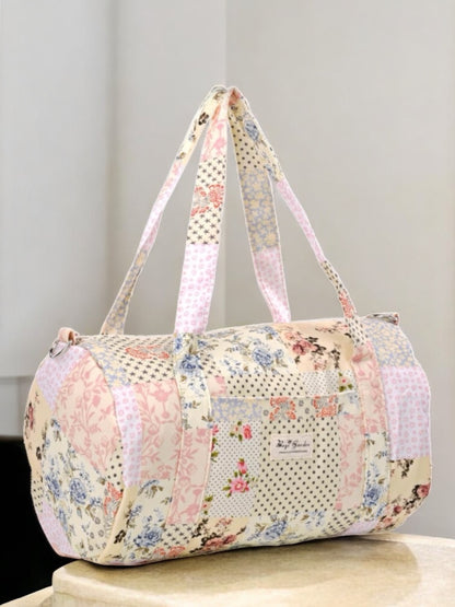 Sac polochon week end de voyage en tissu coton patchwork multicolore fleuri bleu clair orange
