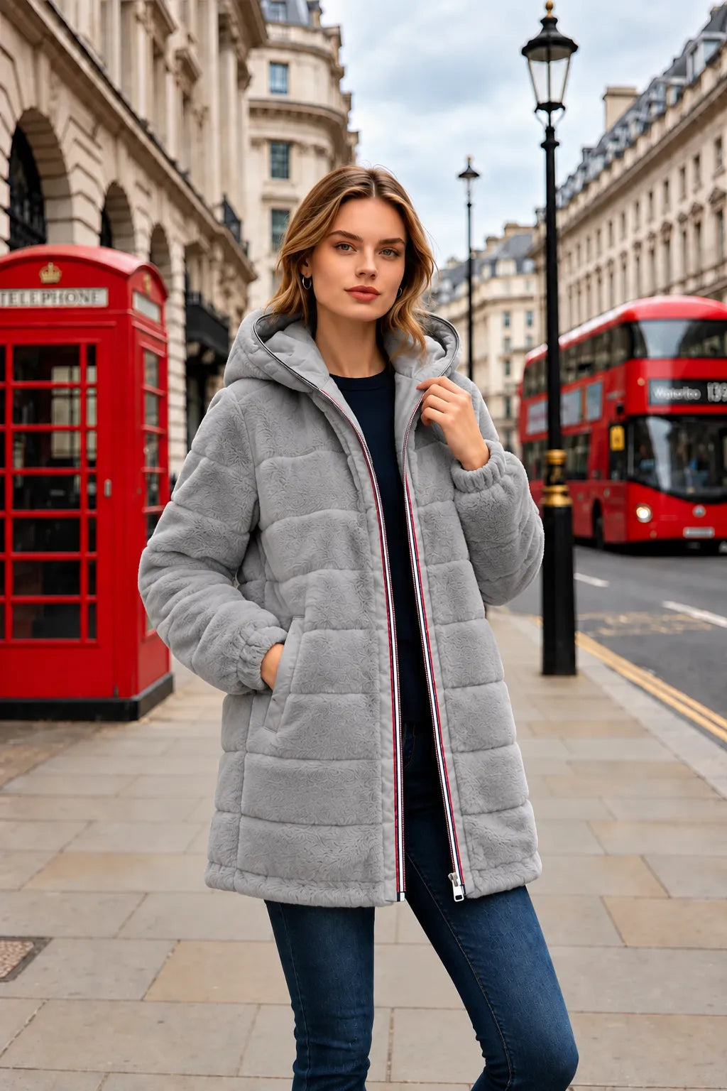 Manteau réversible entièrement fourré gris femme