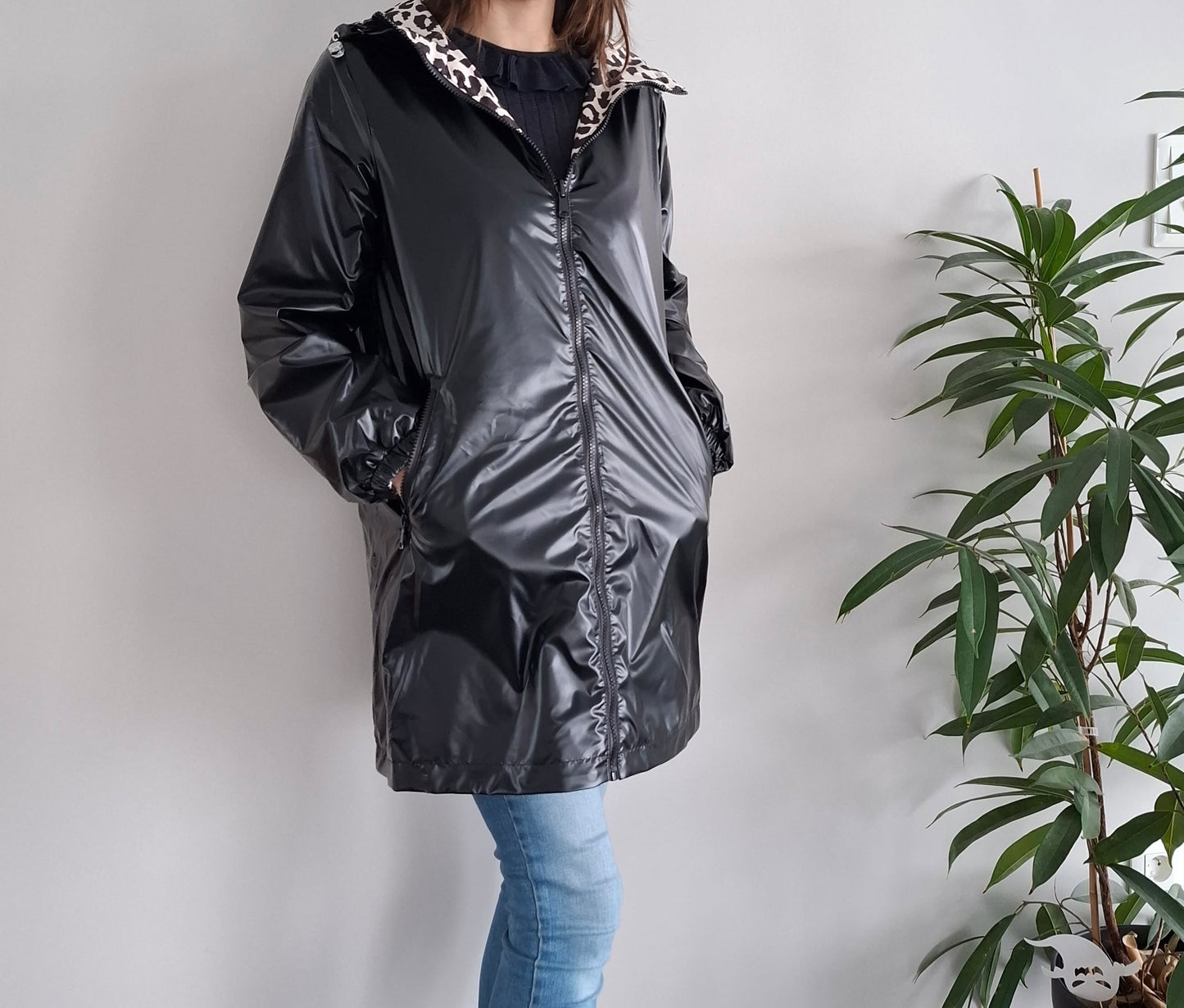 Attrait Paris - Manteau long sans ouate imperméable noir réversible avec motif léopard avec capuche