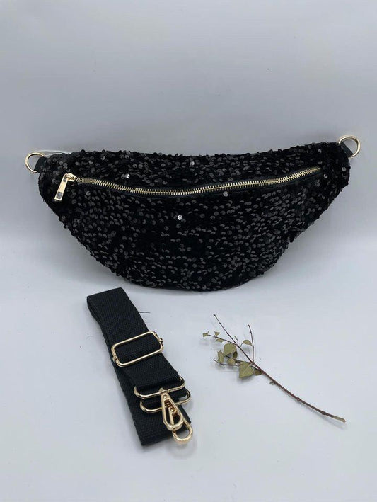 Sac banane tissu velours noir sequins noirs