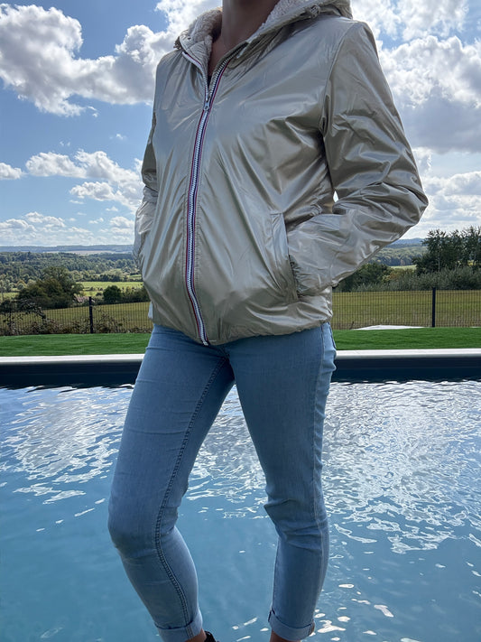Laura Jo - Imperméable fourré court fausse fourrure doré intérieur imitation sherpa beige