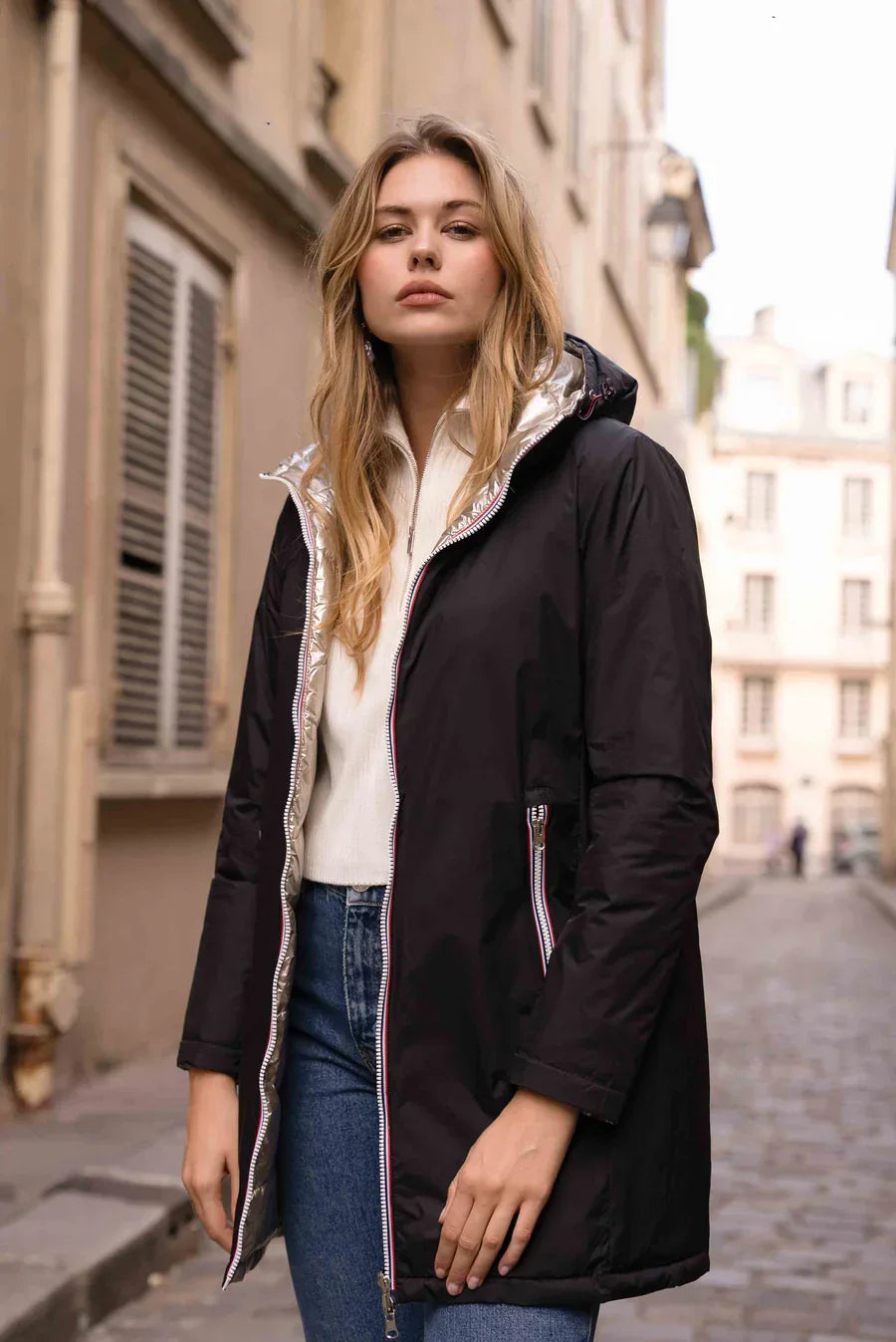 Laura Jo - Manteau doudoune longue matelassé réversible imperméable noir doré avec capuche
