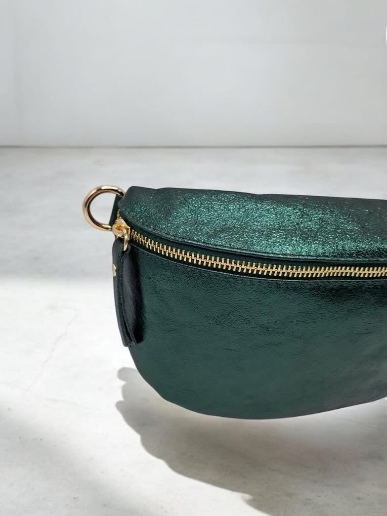 Sac banane cuir vert forêt irisé petit format