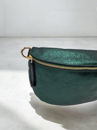 Sac banane cuir vert forêt irisé petit format