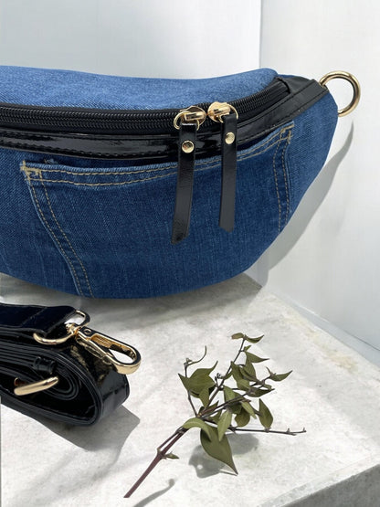 Sac banane tissu jean foncé et noir