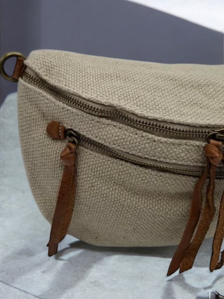 Nouveautés - Sac banane en jute beige 2 poches doubles curseurs