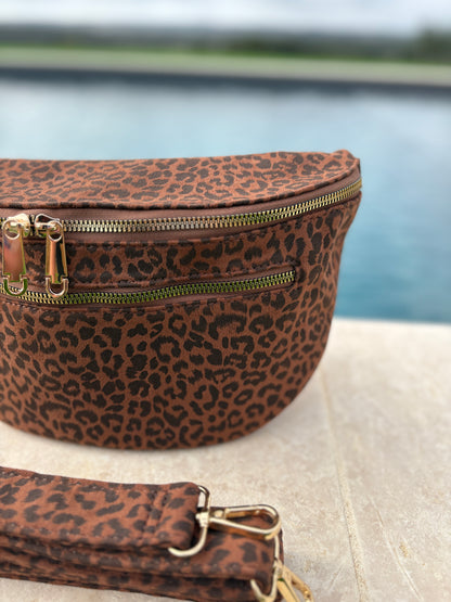 Sac banane tissu doux léopard marron noir 2 poches