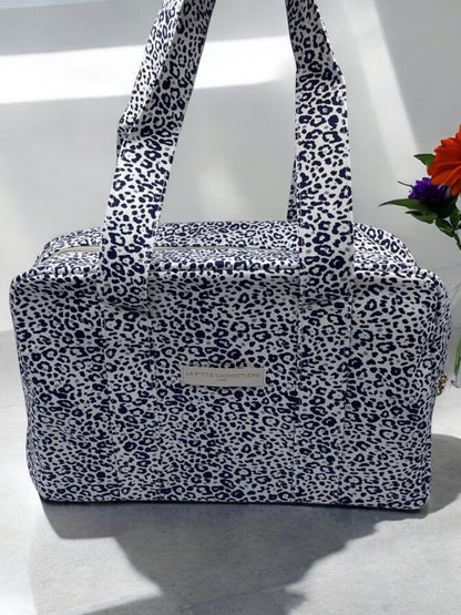 Sac week-end de voyage polochon coton matelassé léopard bleu marine