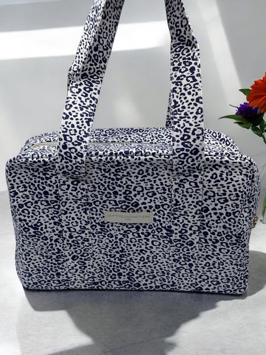 Sac week-end de voyage polochon coton matelassé léopard bleu marine