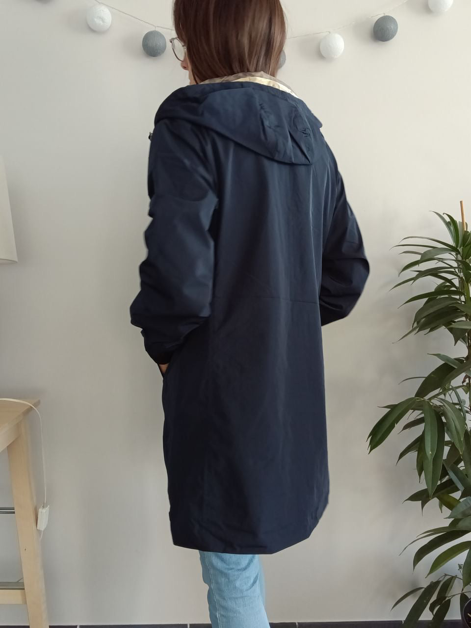 Melya Melody - Manteau long mi cuisses réversible et imperméable léger bleu marine doré léopard