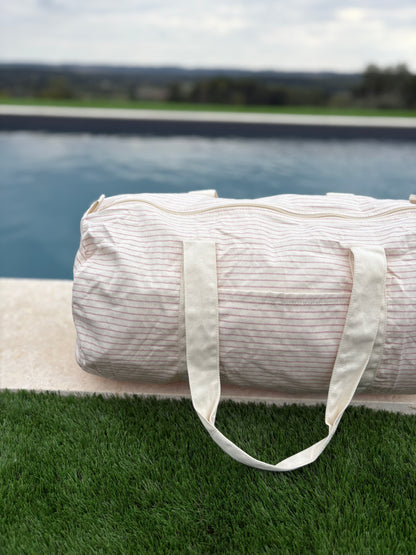 Sac polochon week end de voyage en coton léger rayé beige rouge rose