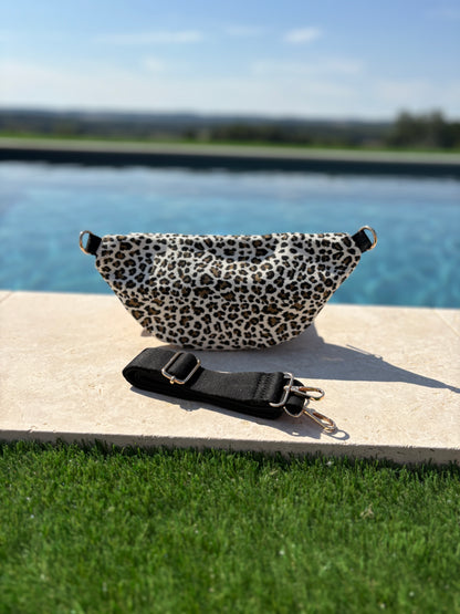 Sac banane en tissu imprimé léopard blanc 2 poches