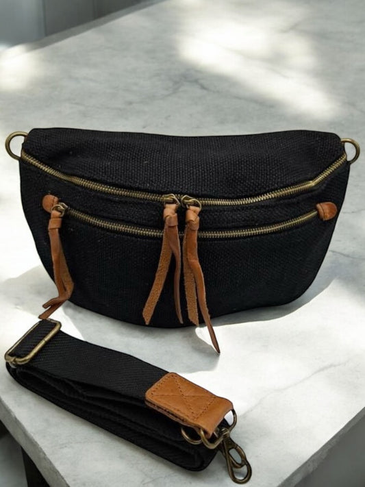 Nouveautés - Sac banane en jute noir 2 poches doubles curseurs