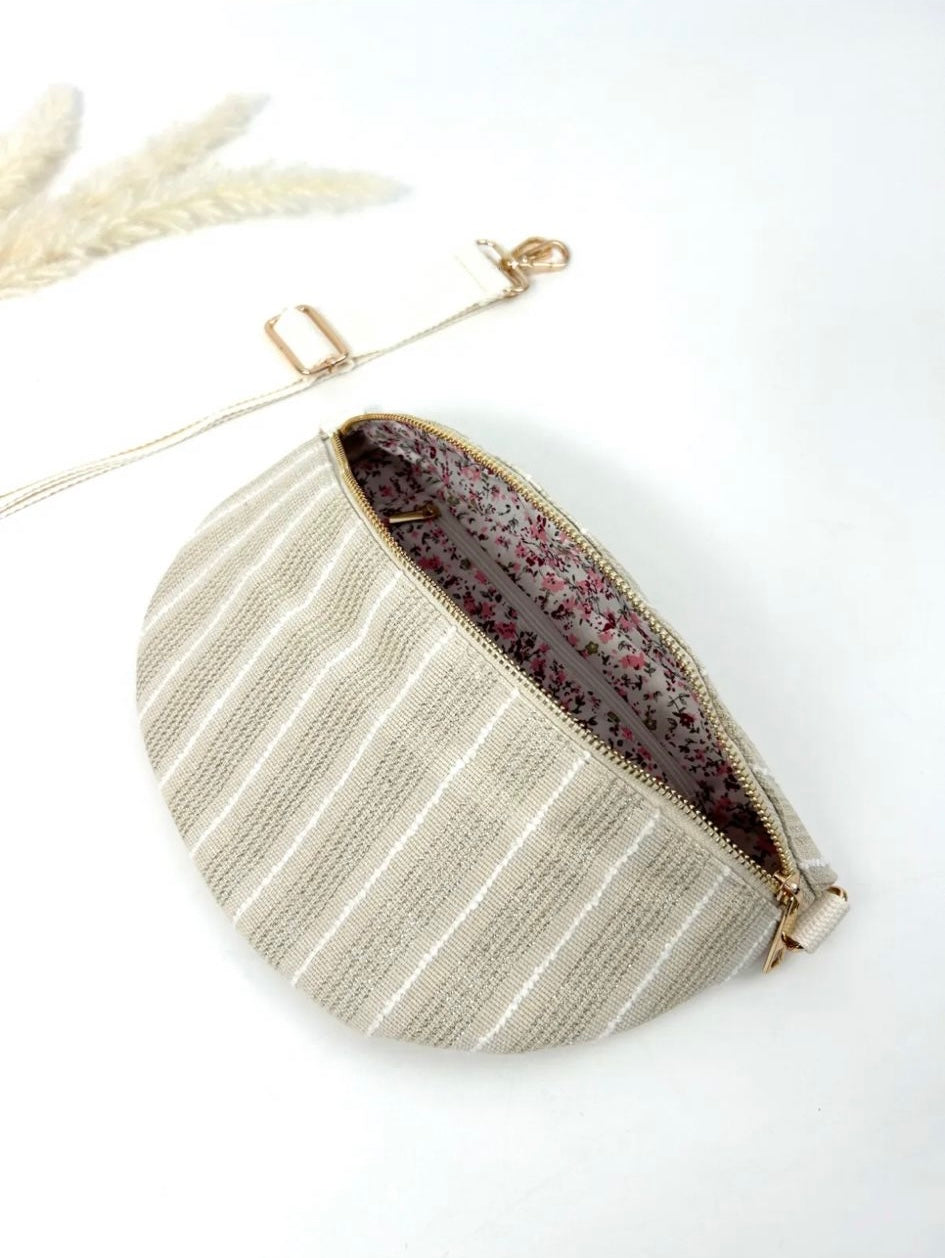Sac banane en coton tissu bohème beige à rayures blanc doré