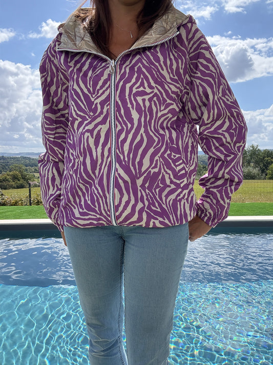 Escandelle - Manteau court haut des fesses imperméable zébré violet réversible doré