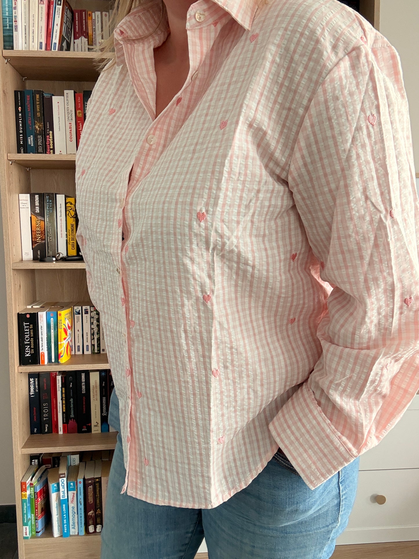 Chemise en coton manches longues à carreaux roses avec motifs cœurs couleur Rose clair