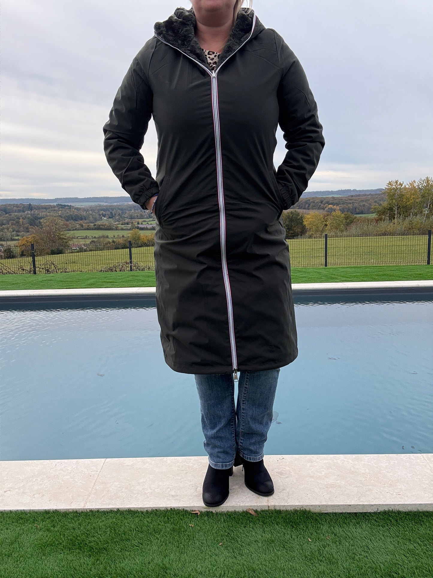 New Lolo - Manteau chaud long hauteur genoux kaki fourré complet réversible imperméable