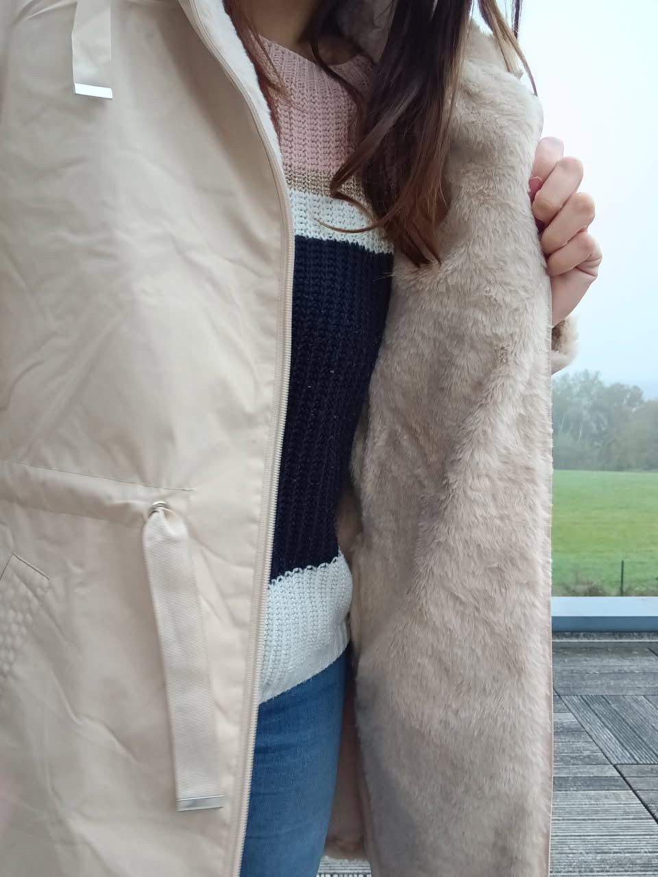 New Lolo - Manteau long BEIGE zip uni réversible, imperméable et complètement fourré resserrable à la taille