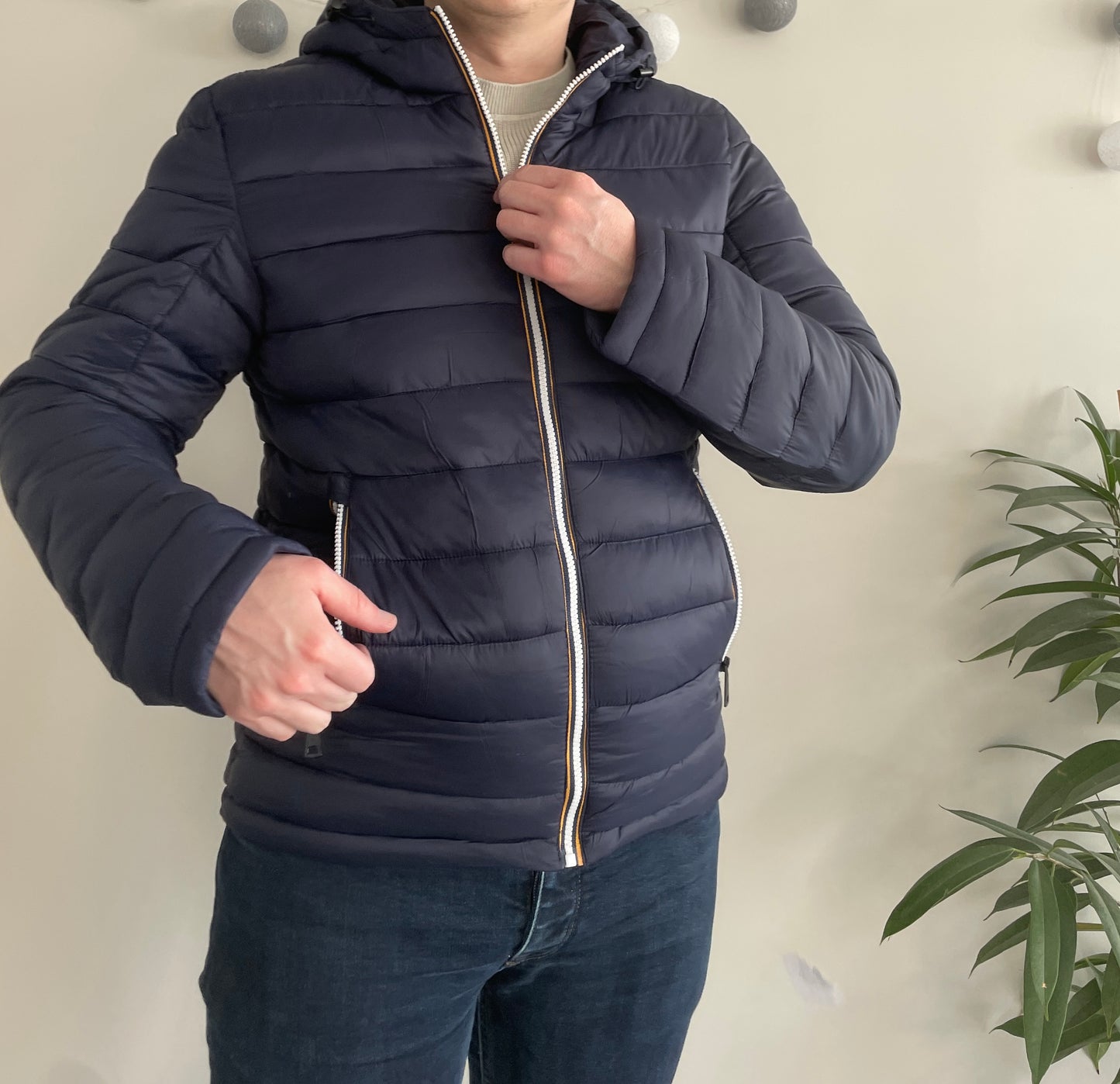 Doudoune à capuche HOMME courte imperméable et réversible matelassé bleu marine