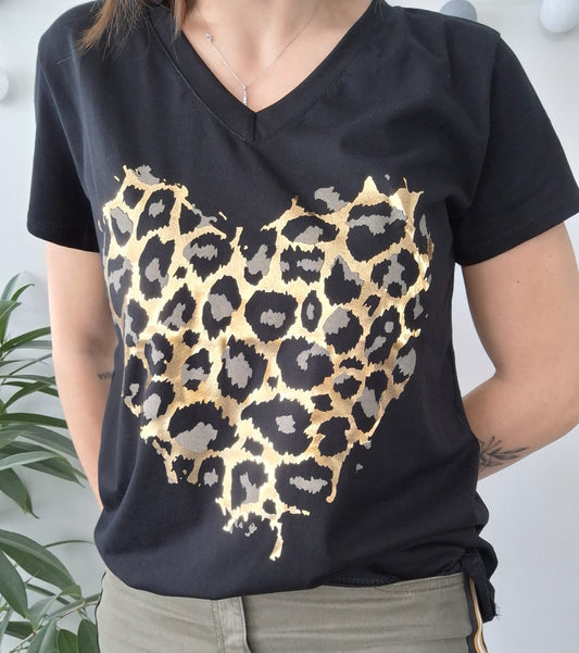 T-shirt noir en coton à motif coeur léopard