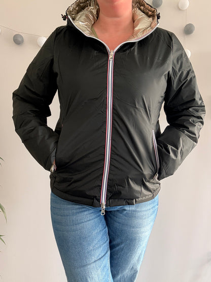 Laura Jo - Manteau doudoune courte matelassé réversible imperméable noir doré avec capuche