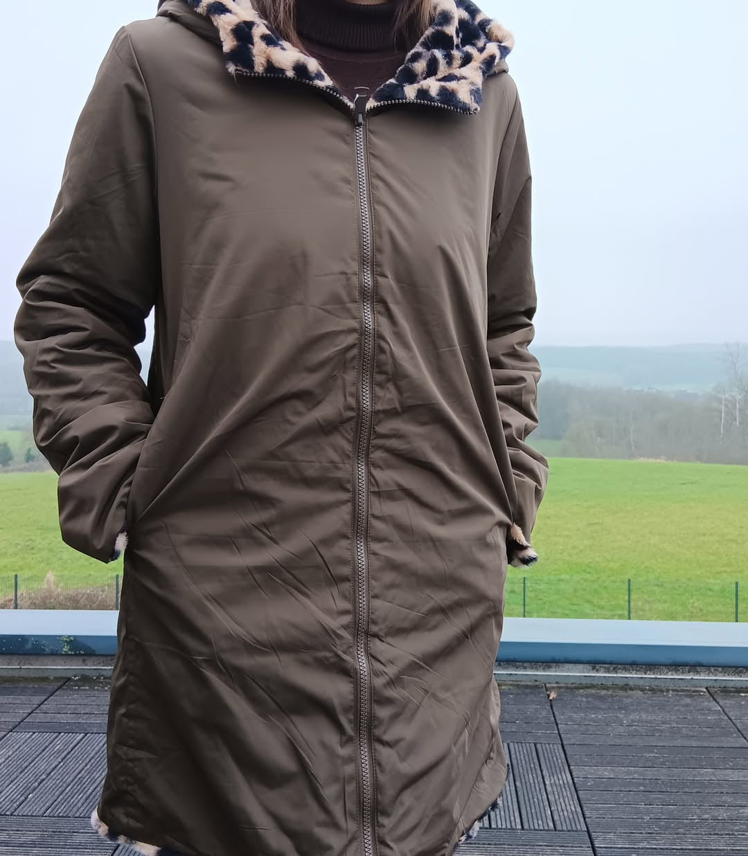 Melya Melody - Manteau long cuisses fourré réversible imperméable kaki marron léopard