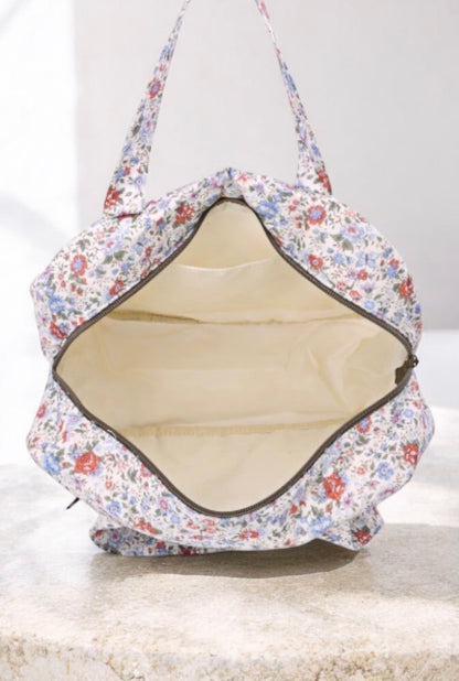 Sac polochon week-end motif liberty fleurs colorées rouge, bleu et violet