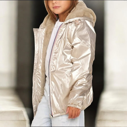 Laura Jo - ENFANT (Fille) Imperméable doré court doublé en fausse fourrure beige
