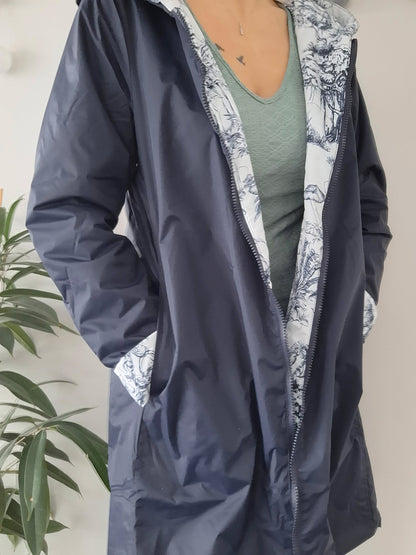 Laura Jo - Imperméable bleu marine réversible motif jungle long mi-saison garnissage ouate