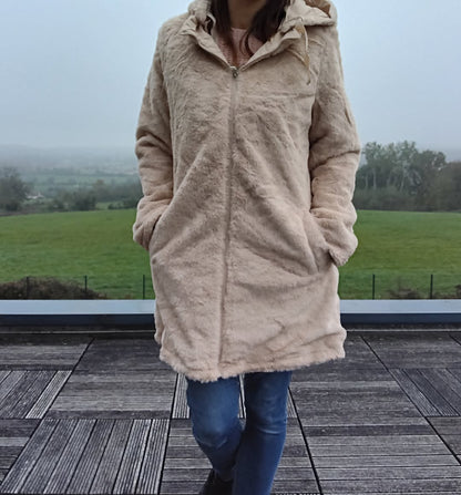 New Lolo - Manteau long BEIGE zip uni réversible, imperméable et complètement fourré resserrable à la taille