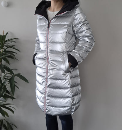 Doudoune manteau imperméable long noir réversible matelassé argenté