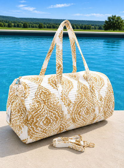 Sac Polochon Matelassé Imprimé Baroque Doré | Sac Voyage Femme Bohème Chic