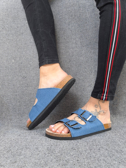 Chaussures sandales intérieur cuir denim de couleur bleue style Birk