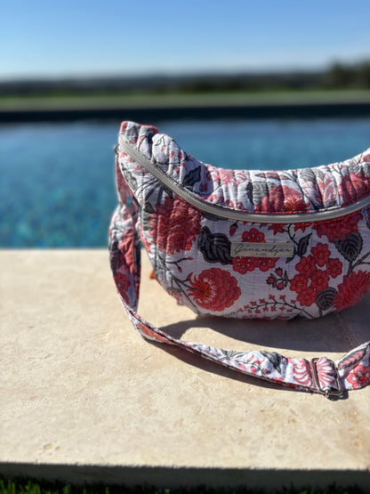 Sac banane en coton fin sans doublure fleuri rose et gris