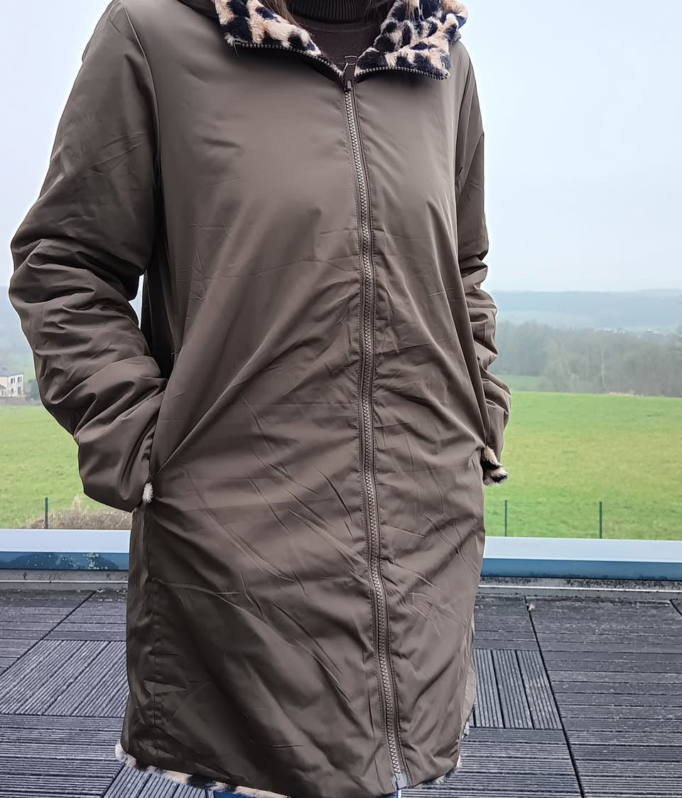 Melya Melody - Manteau long cuisses fourré réversible imperméable kaki marron léopard