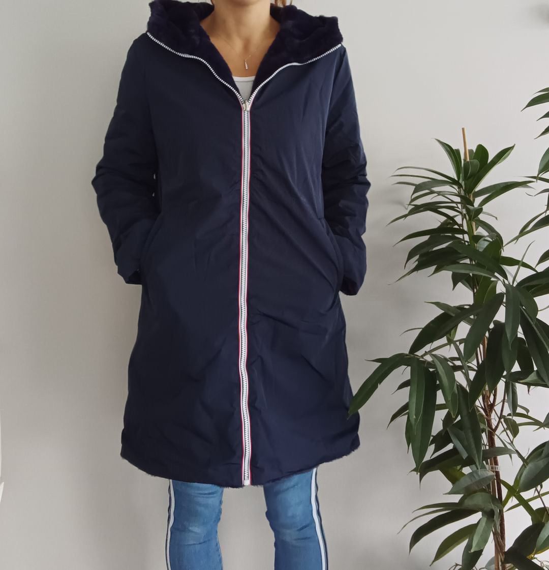 Melya Melody - Manteau long fourré fausse fourrure réversible imperméable bleu marine