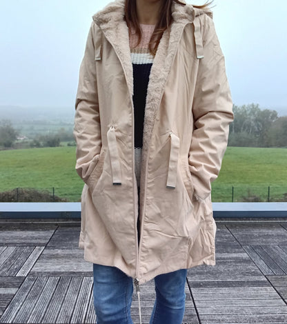 New Lolo - Manteau long BEIGE zip uni réversible, imperméable et complètement fourré resserrable à la taille