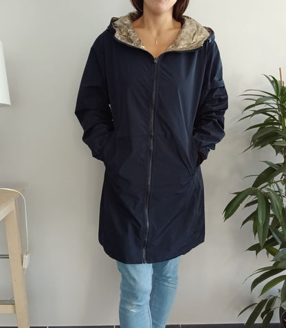 Melya Melody - Manteau long mi cuisses réversible et imperméable léger bleu marine doré léopard