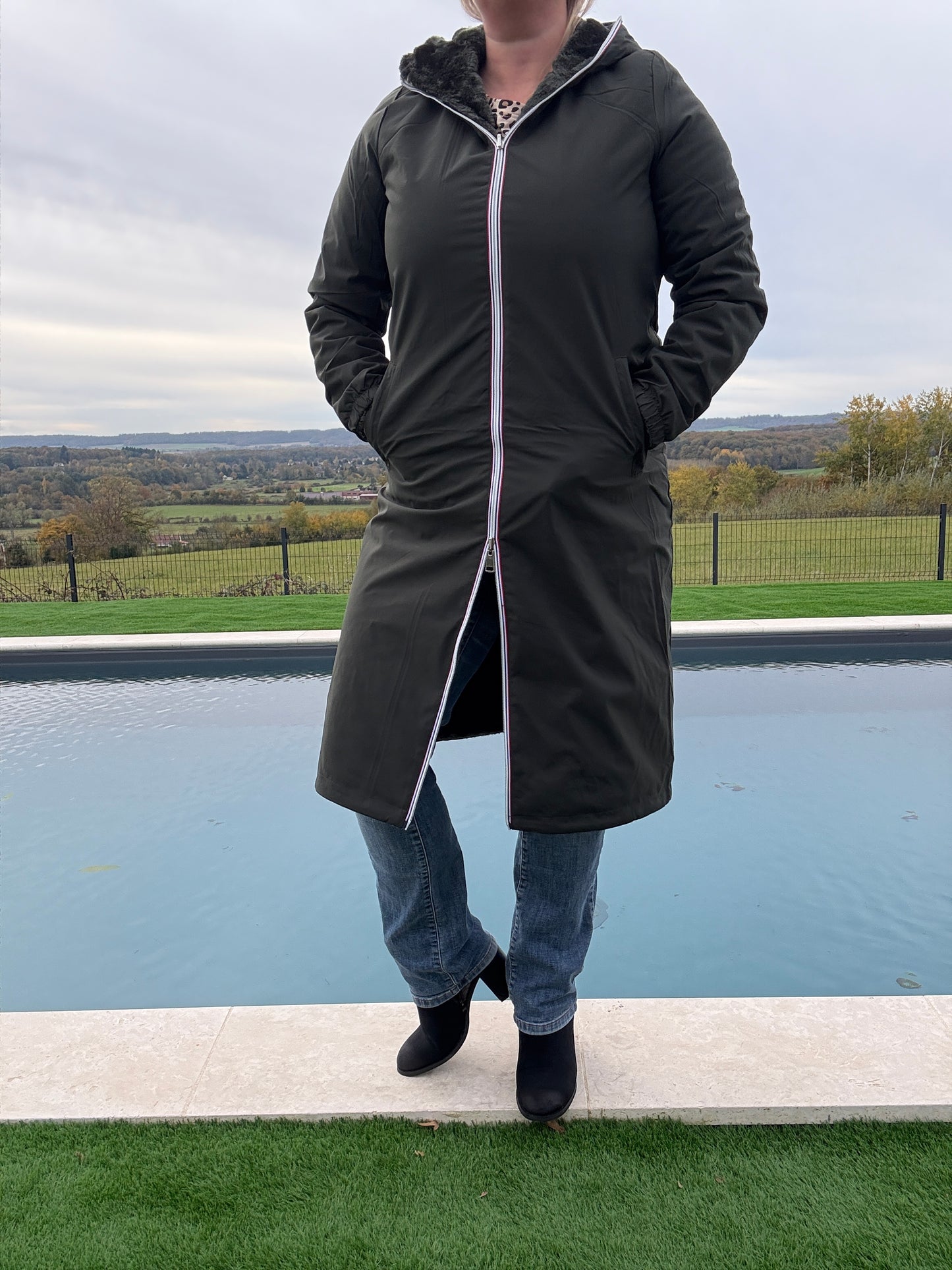 New Lolo - Manteau chaud long hauteur genoux kaki fourré complet réversible imperméable