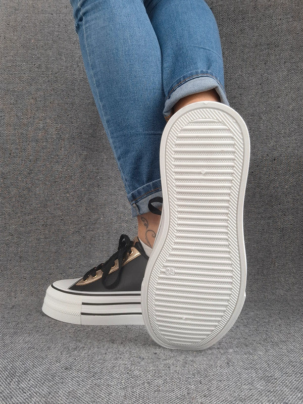 Chaussures baskets basses semelle compensée simili noir style converse